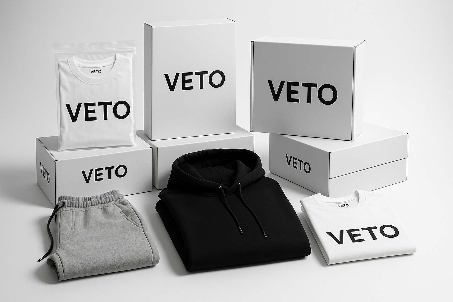 A high-end studio setup filled with stacked clothing boxes and folded streetwear apparel. All packages and boxes are branded with the VETO® logo. Clean white background, professional lighting, showcasing a luxury Jordanian streetwear brand with Turkish-made products